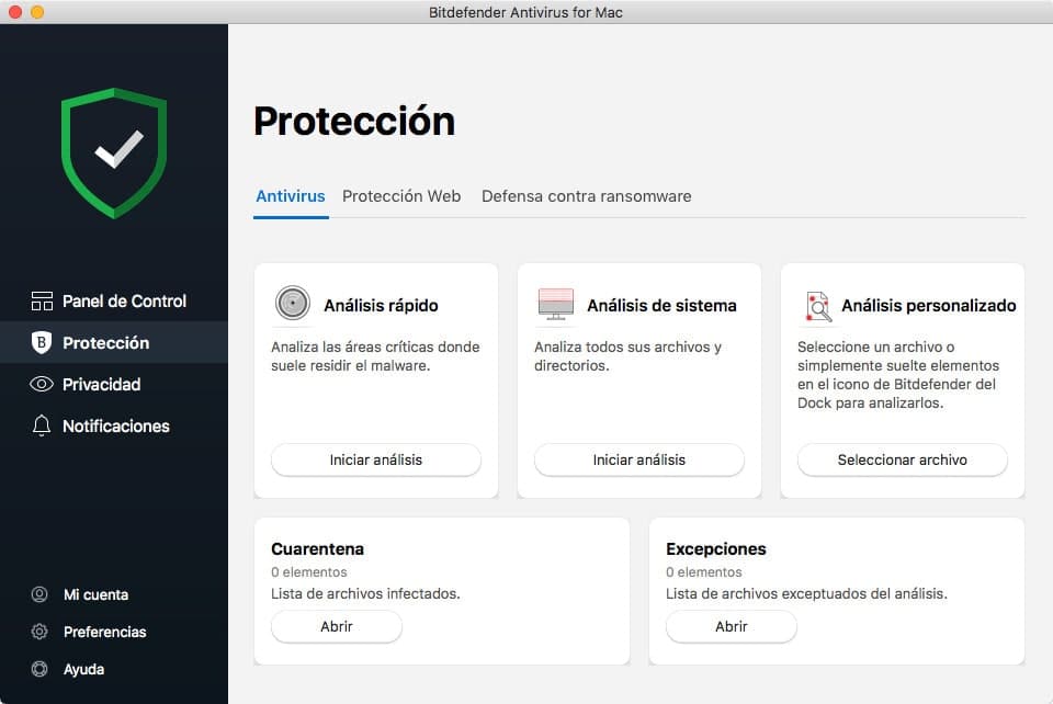 Antivirus Mac panel de protección Bitdefender