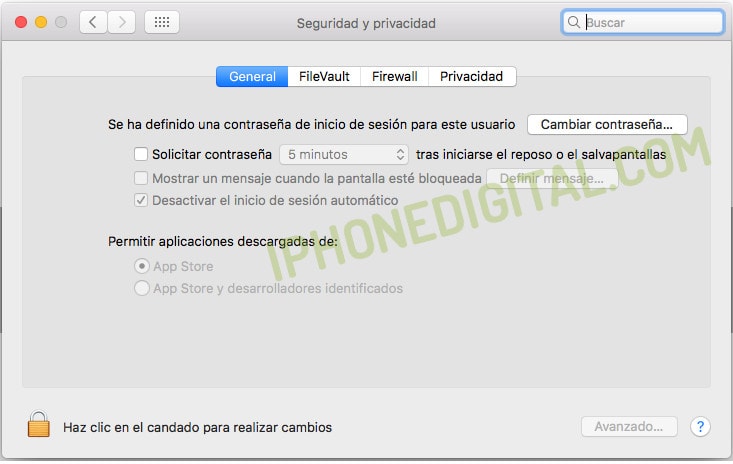 Permitir instalar aplicaciones descargadas de cualquier sitio en MacOS Sierra - desactivado